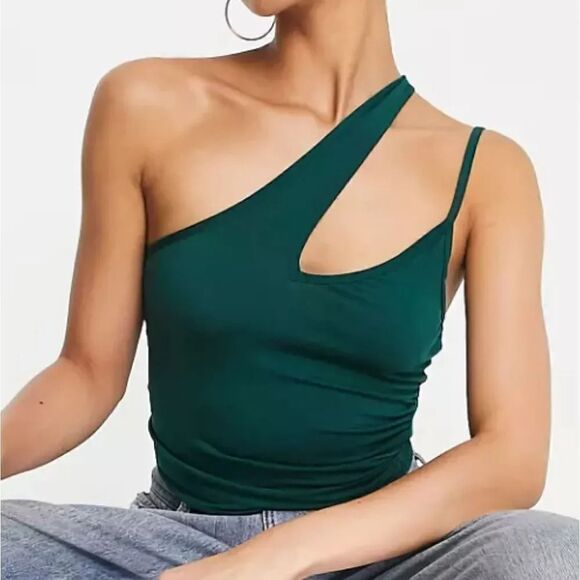 Trendyol Emerald Green One Shoulder Satin Tank Top Medium NWT - Picture 4 of 14